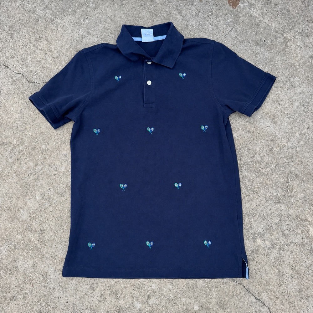 Brooks Brothers Polo Shirt Mens S Navy Tennis Racket Embroidered Slim Fit Prep